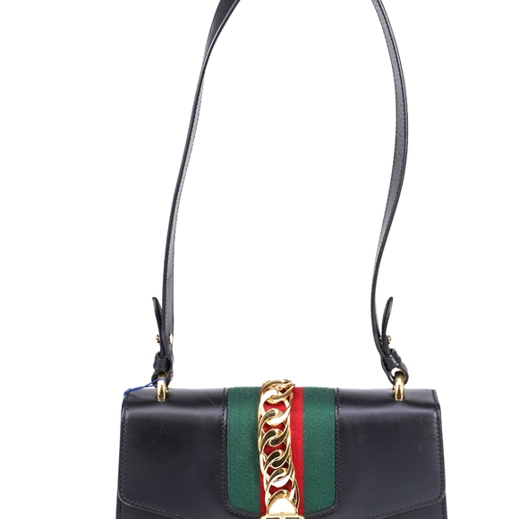 Gucci Black Leather Mini Web Chain Sylvie Top Handle Bag - Picture 10 of 16